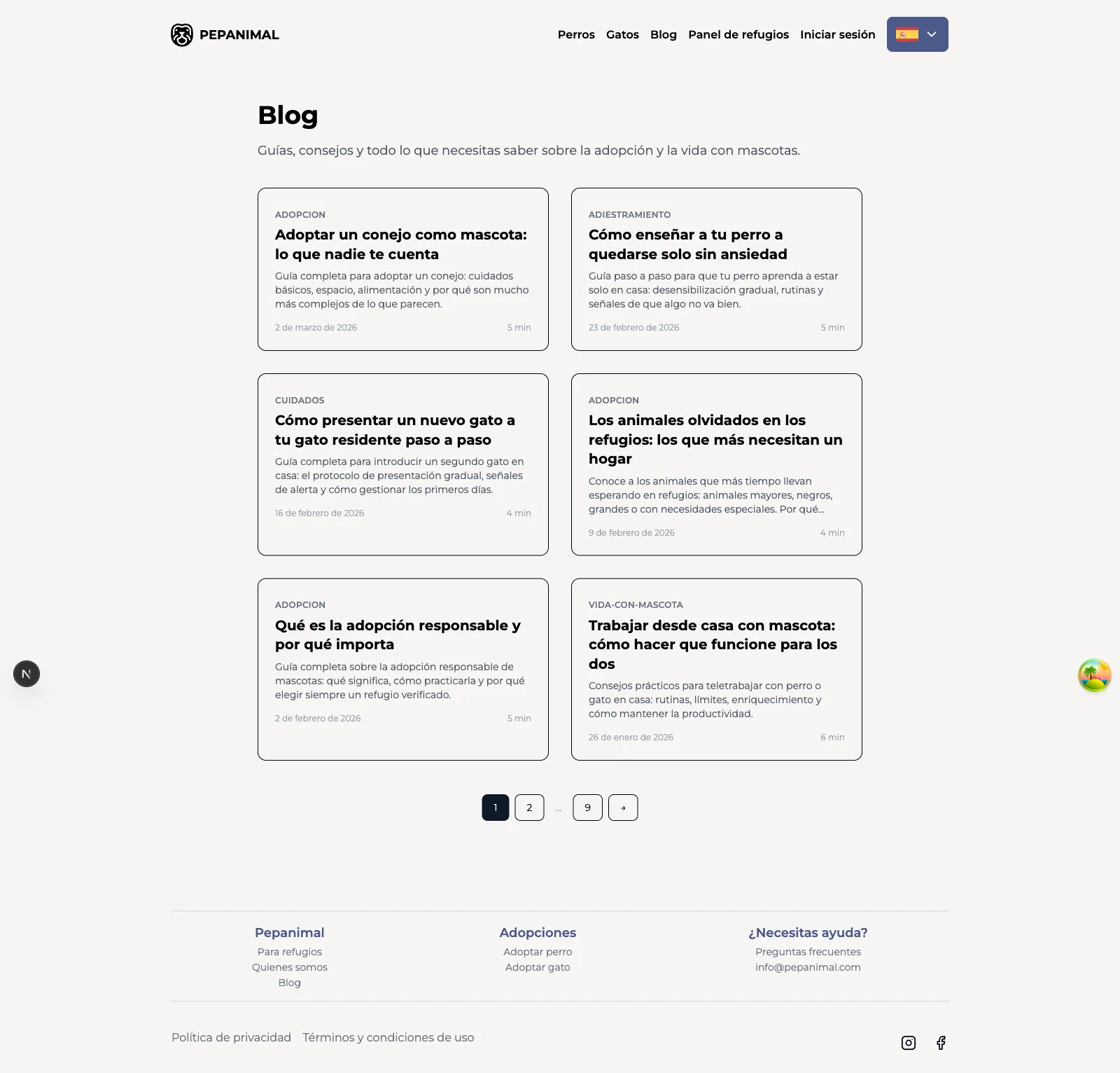 Content blog about adoption and pet care, with per-article cards and pagination