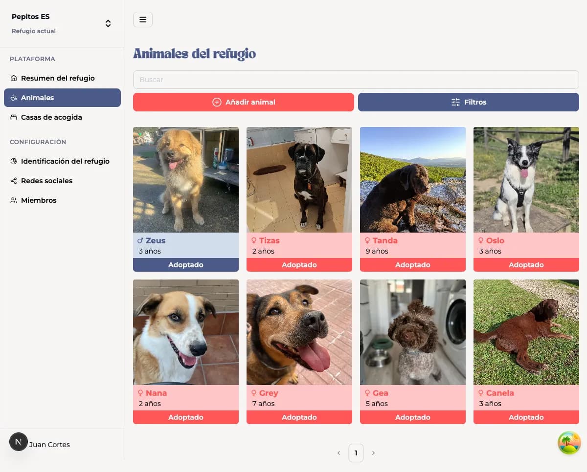 Shelter dashboard — Card-based list of the shelter's animals with search and filters