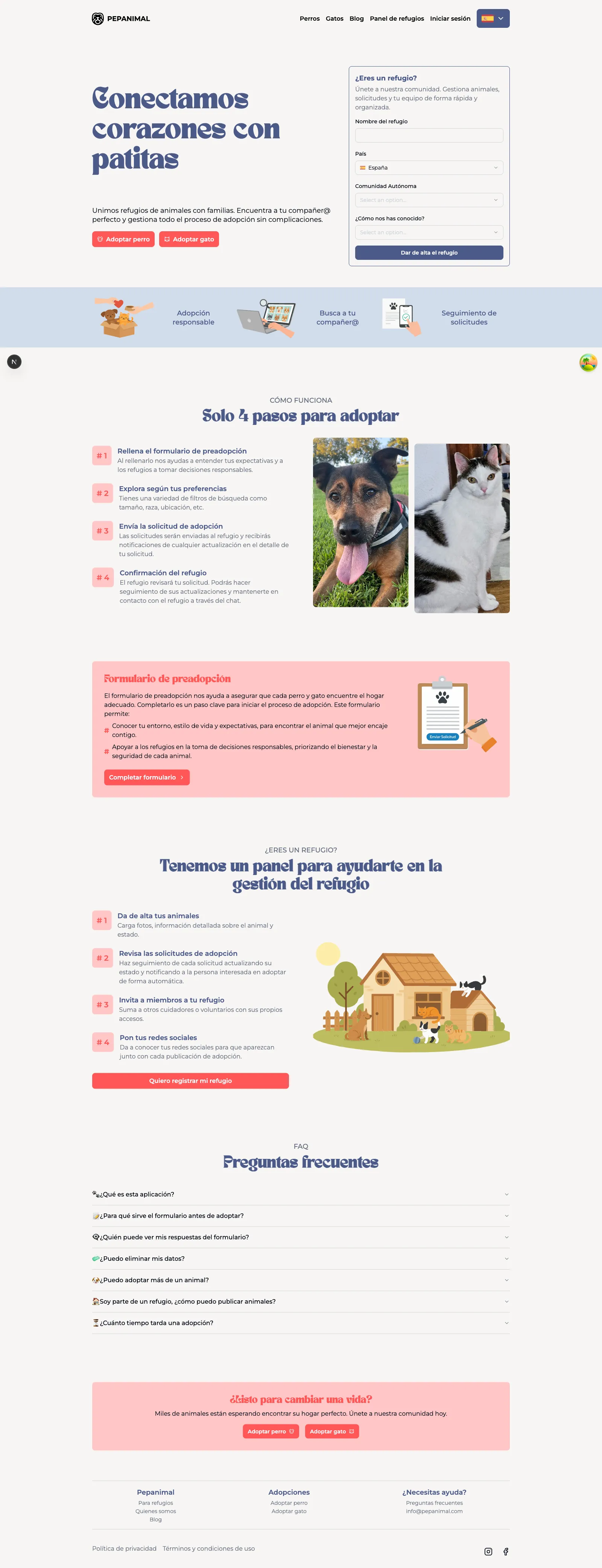 Pepanimal landing page with the hero, shelter sign-up and steps to adopt